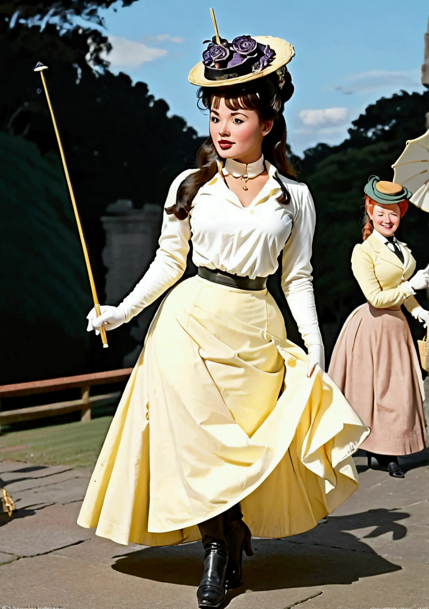 Year 1899. Veronica Lodge as an attractive, slutty yo brunette socialite daintily carrying a parasol, pinky finger raised. Yellow 1890_dr3ss and hat. High-collar long sleeve top, long skirt. Lifting her skirts, revealing her petticoats, stockings and boots. Full body