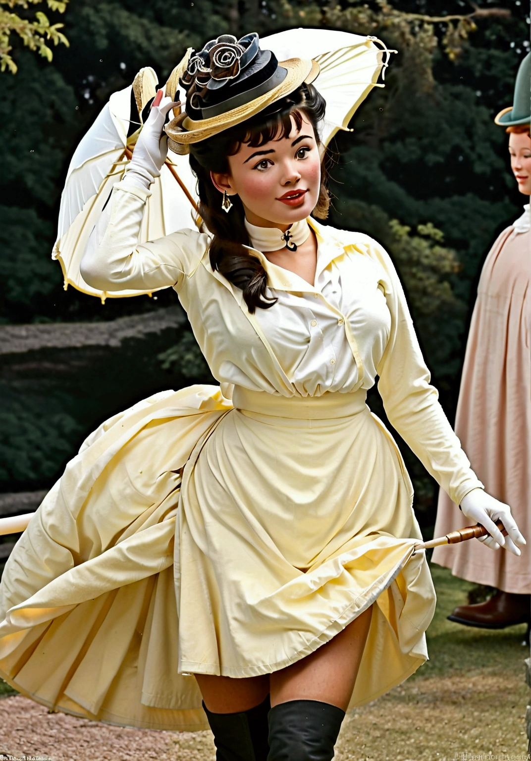 Year 1899. Veronica Lodge as an attractive, slutty **** brunette socialite daintily carrying a parasol, pinky finger raised. Yellow 1890_dr3ss and hat. High-collar long sleeve top, long skirt. Lifting her skirts, revealing her petticoats, stockings and boots. Full body