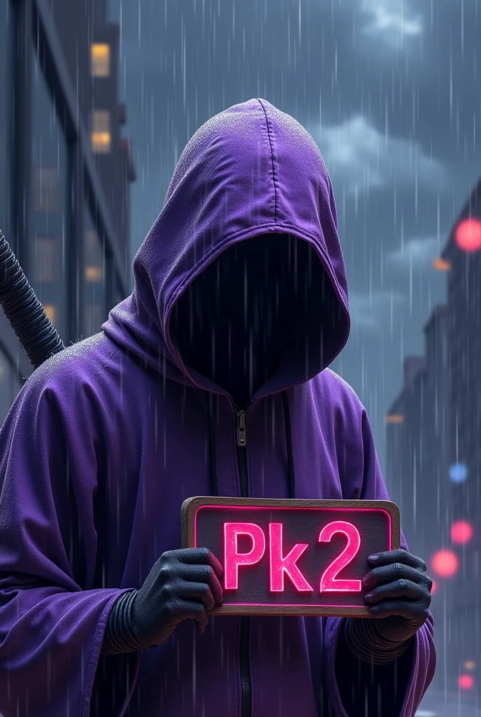 A logo with a ninja in purple colors and in the rain holding a sign that says "PK2"