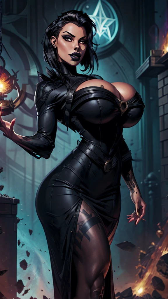 White rocker girl, Bblack hair, elegant black dress. super y, piercings and tattoos on her body. big-assost beautiful woman in the world. darker. black lipstick. busty.c style.Marvel comics style