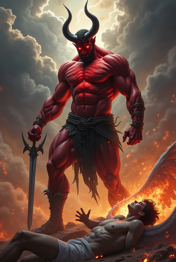 Create an image of a male demon , empowered , defeating an angel