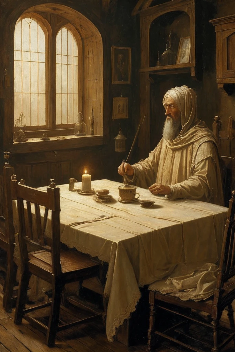 renaissance style painting, surreal art, a frail man, scraggily hair, medieval peasant clothes, dead eyes, gaunt features, hands wrapped in old fraying gauze, sitting at a table in a damp room, lantern on the table, very little illumination, defeated man, clean shaven, roughed up clothes, medieval lighthouse keeper