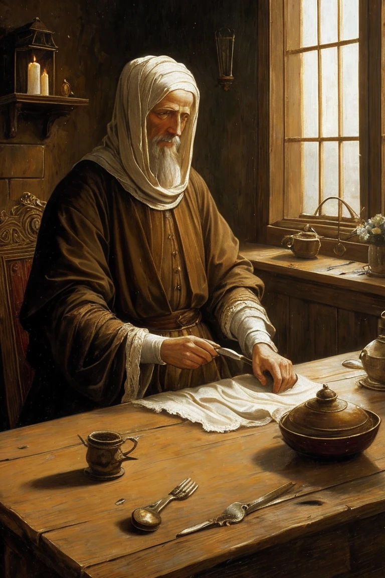 renaissance style painting, surreal art, a frail man, scraggily hair, medieval peasant clothes, dead eyes, gaunt features, hands wrapped in old fraying gauze, sitting at a table in a damp room, lantern on the table, very little illumination, defeated man, clean shaven, roughed up clothes, medieval lighthouse keeper