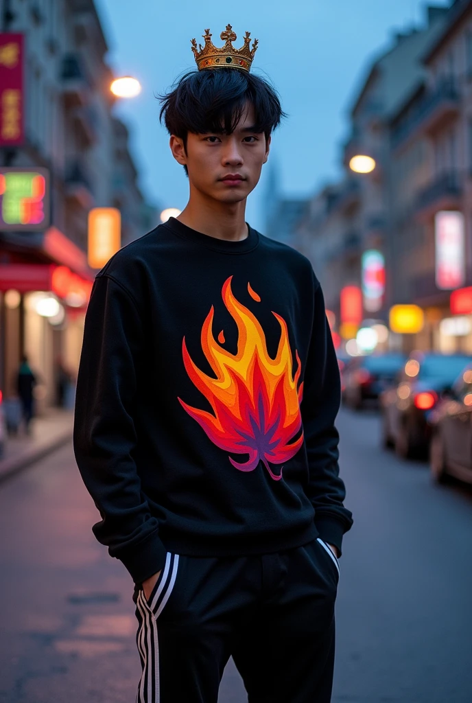 Guy with black hair and crown wearing a black sweater with a red, orange, and yellow fire logo and rainbow stripes on the sides. Black pants with white stripes on the sides and white shoes