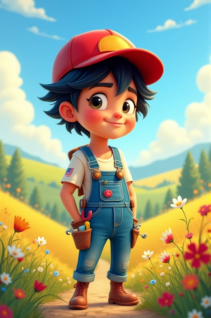 Cartoon style drawing, Bblack hair, wearing overalls and a red cap