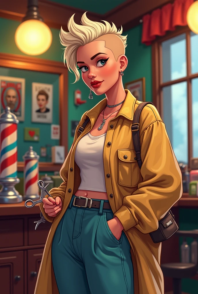 Create a Disney-style illustration of a woman with very short, shaved hair and an eyebrow piercing, wearing comfortable, masculine clothing in a barbershop, with a pair of scissors in her hand.