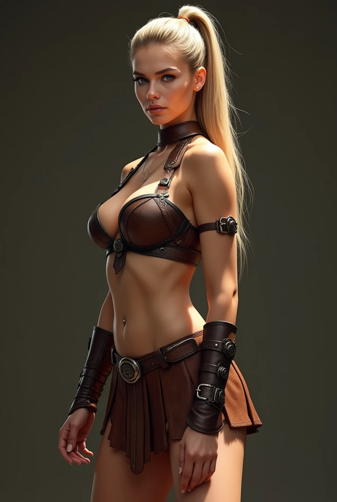 ((best quality)), ((masterpiece)), (detailed), NSFW, small breasts, prominent collarbones, skinny arms, flat and toned stomach, visible hip bones, full body, long hair, blonde hair, ponytail, thick ponytail, heavy ponytail, Realistic Shadows, Detailed skin, Very small breasts, Hair Ribbon, Very detailed, highly detailed face, Perfect face shape, Perfect lips, Perfect nose, Correct beautiful eyes, Watching Viewer, Best Quality, Single Girl, young female warrior, dressed in a tasteful, revealing outfit that emphasizes her strength and agility, Her outfit should be like a greek hoplite armor and can include elements like a fitted leather armor with deep cleavage, a short skirt, thigh-high boots and showing her toned abs. She should have long, flowing hair, and carry a sleek, elegant weapon like a sword or bow. The overall look should be empowering and sexy,