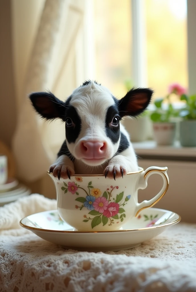 ((masterpiece,best quality,）），close up，side，A cute little cow placed in a teacup，Sexy holding a teacup