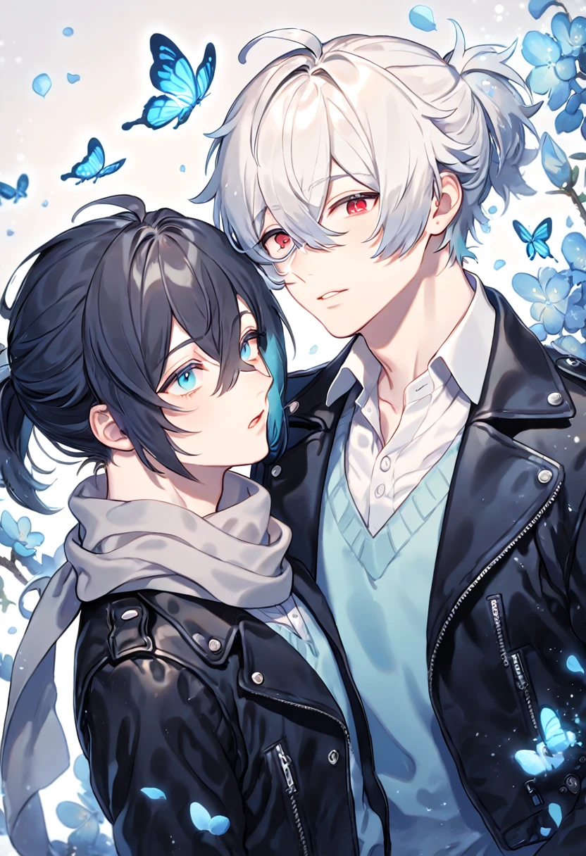 absurdres, highres, ultra detailed, HDR, master piece, best quality, extremely detailed, Nezumi, Dark gray hair, hair tied in a spiky ponytail, expressive dark blue eyes, NO.6, Shion, white hair, hair between the eyes, expressive red eyes, two sexy men together, yaoi, gay couple, handsome, white collared shirt, light turquoise sweater, black leather jacket, gray scarf, fantasy, magical, blue moon, blue flowers, blue butterflies, blue petals, blossoms, water