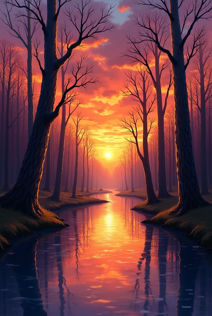 Make an impressionism art of a river with trees with no leaves and a sunset