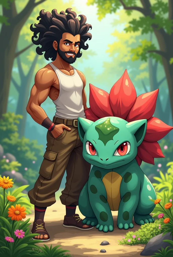draw a Latin Pokemon trainer with a bun and curly hair, scraped on the side, with beard and mustache, next to the pokemon venusaur