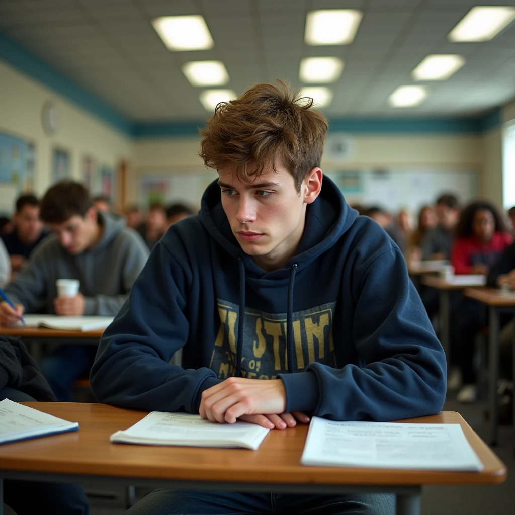 I need a male student with a disappointed face in detail sitting in a university classroom in class
