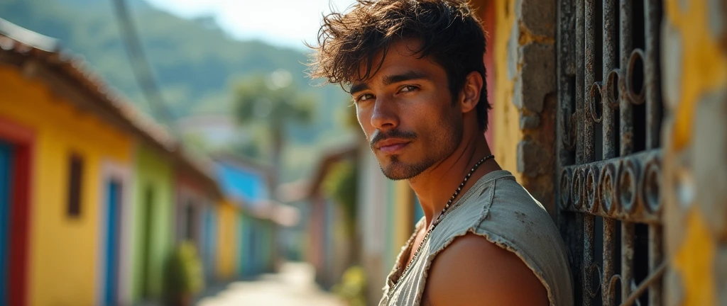 Man, beautiful, attractive face, hazel eyes, perfect jaw and chin, muscular, defined, attractive body , wearing a dirty, torn shirt , rebellious brown hair, sun-burnt , in the Brazilian favela , with houses from Brazil , is on the wall of a gate , pleasant afternoon , closed smile, eyes shining with tears, Gratitude , Hand in hair, sweaty skin