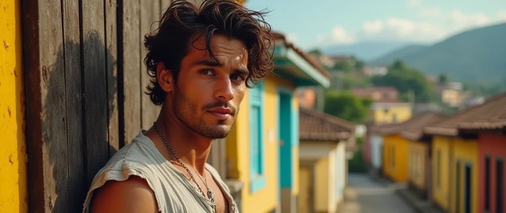 Man, beautiful, attractive face, hazel eyes, perfect jaw and chin, muscular, defined, attractive body , wearing a dirty, torn shirt , rebellious brown hair, sun-burnt , in the Brazilian favela , with houses from Brazil , is on the wall of a gate , pleasant afternoon , closed smile, eyes shining with tears, Gratitude , Hand in hair, sweaty skin
