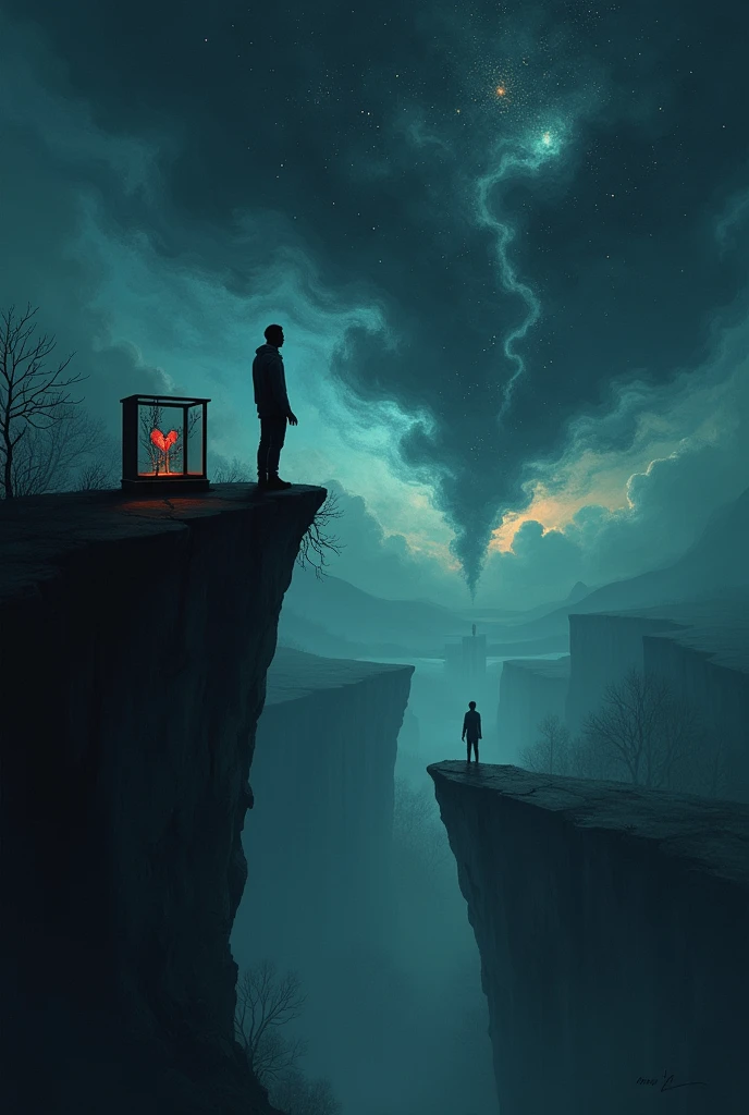 A deeply emotional and surreal illustration capturing the essence of heartbreak and separation. The scene is set on the edge of a towering cliff, with a figure standing alone, looking out into a vast, dark abyss. The figure, representing the singer, is partially in shadow, symbolizing the emotional pain and confusion. Their hand is outstretched, as if reaching for someone who has already let go, with the faint silhouette of a distant figure fading away in the background, symbolizing the lost connection.
Above the abyss, a vast night sky is filled with swirling dark clouds, reflecting the inner turmoil. In the sky, faint outlines of memories are visible—two hands once held together, now separated, echoing the lyrics. The stars are dim, as if the light has been drained from the world.
In the foreground, there is a bookshelf with a heart encased in glass, symbolizing the love that has been 'put on a shelf.' The heart is cracked, and vines have begun to grow around it, signifying the passage of time and the process of letting go.
A single tear falls from the figure’s eye, transforming into a small river that flows off the edge of the cliff, representing the lingering sadness. In the distance, a path can be seen leading away from the cliff, symbolizing the journey the figure must now take alone.