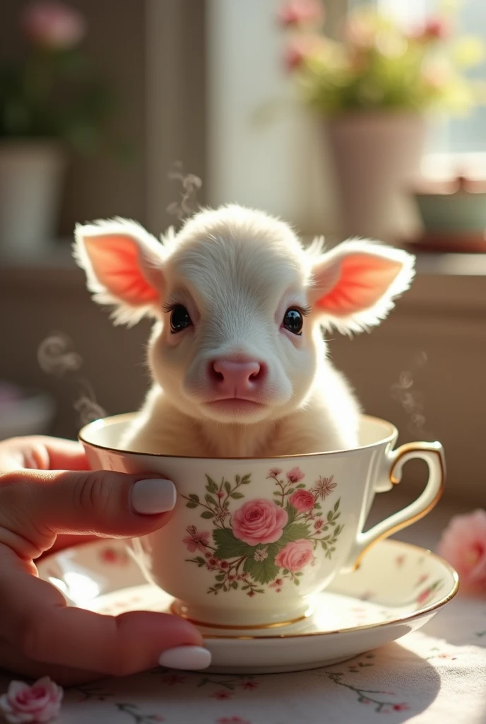 ((masterpiece,best quality,）），close up，side，A cute little cow placed in a teacup，A sexy hand holding a teacup