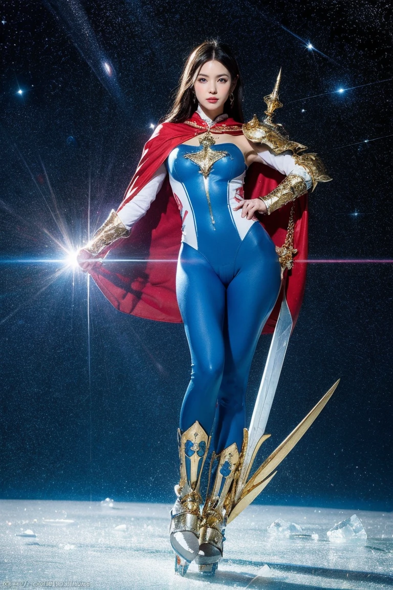 Highest quality, masterpiece, Realistic, High resolution, 8K RAW Photos, 1 person、Long Hair、goddess、Has a decorated sword、Raise your sword、((Glamour body:1.3))、(Blue bodysuit with ice motif、Gold Edge、Red Cape)、Silver Pendant、Silver earrings、(((Action pose)))、(On the ice of a planet where Mercury is visible)、(Many ice crystals floating in the starry sky)