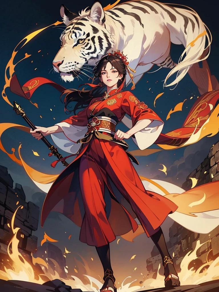 A full-body image of a handsome young Chinese warrior, dancing gracefully with a long spear. This spear is made of gold and has a dark red cloth tied around it.,Her hanfu dress is purple and gold, intricately embroidered, and flutters in the wind., She has a background of an ancient city wall in a great literary work, with a Bengal tiger protecting her., This image looks epic., She gazes forward with determination, a fantasy photograph with smoke and leaves swirling in the breeze.