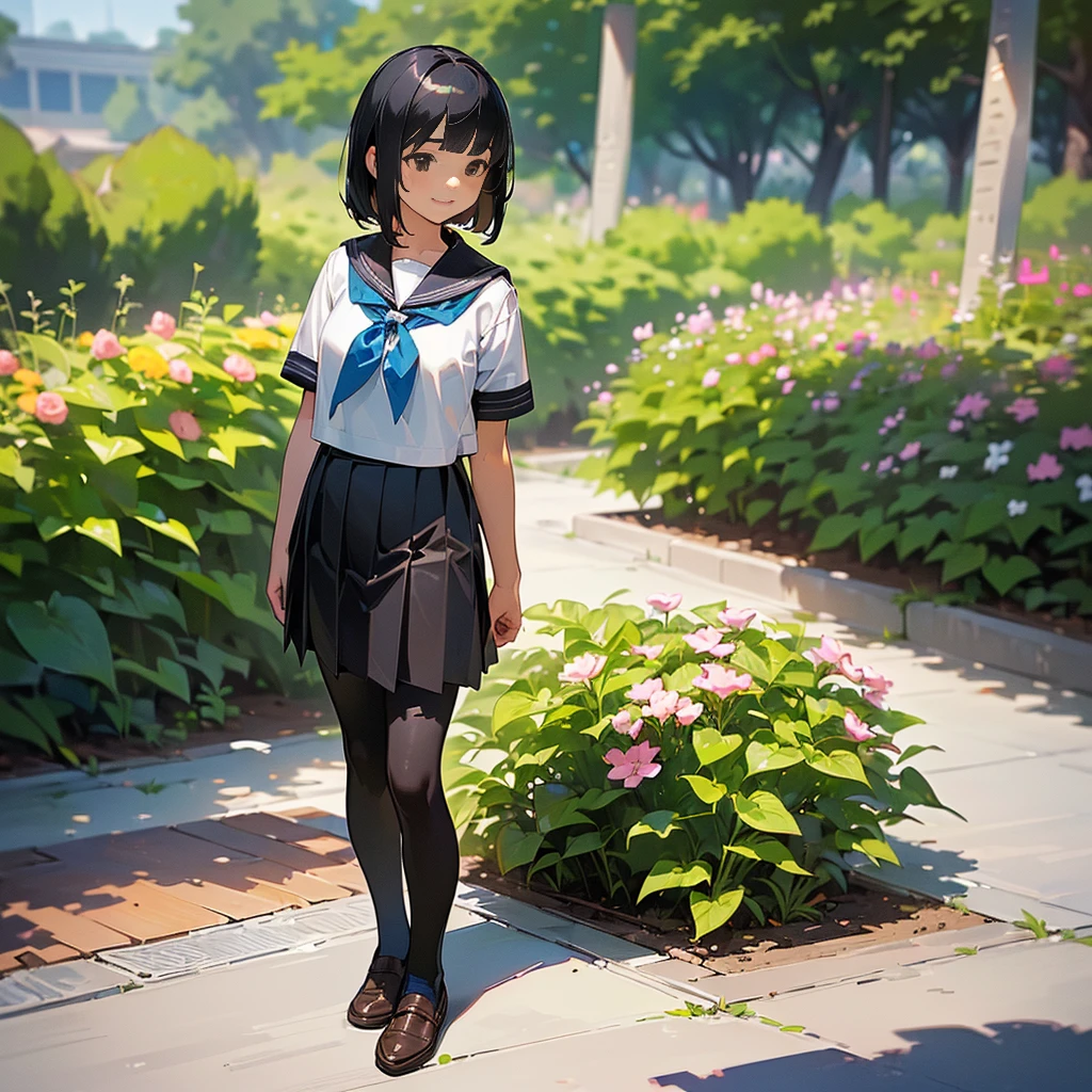 (Highest quality, High resolution, Very detailed, Realistic:1.37), Peaceful atmosphere, (Outdoor, garden), Teenage girl standing alone, Beautiful and detailed features, Cute Smile, ((Black bob hair)),Short-sleeved sailor uniform, Pleated skirt,Black tights,Brown leather shoes.
