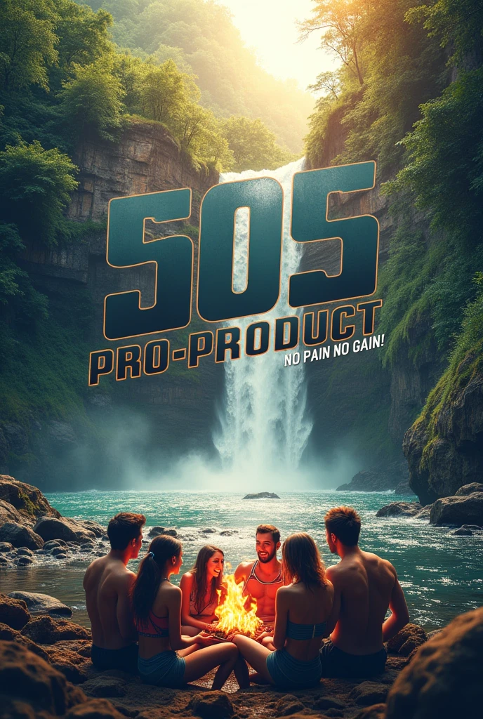 Create a logo of "505 PRO-DUCT" (NO PAIN NO GAIN!) With a background of twin fall water and people making barbeque on the bank