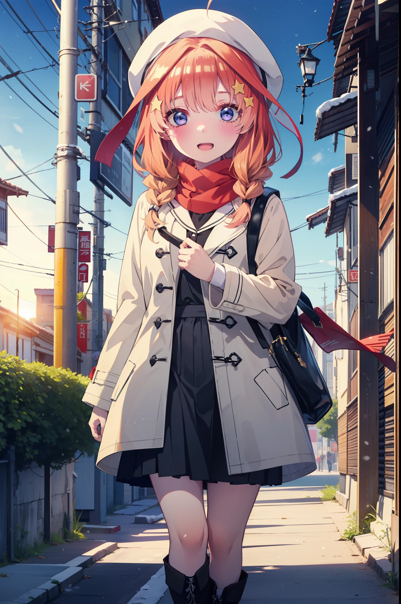 itsukinakano, Itsuki Nakano, bangs, blue eyes, Hair between the eyes, Ahoge, Redhead, star \(symbol\), hair ornaments, star hair ornaments,smile,Open your mouth,White Breath,blush,Long, thick braids,Knitted hat,White scarf,Red long coat,V-neck sweater,Black long skirt,short boots,snowが降っている,snowが積もっている,snow,snow,snow,snow,Walking,whole bodyがイラストに入るように,night,
break outdoors,Residential Street,
break looking at viewer, whole body,
break (masterpiece:1.2), Highest quality, High resolution, unity 8k wallpaper, (figure:0.8), (Beautiful attention to detail:1.6), Highly detailed face, Perfect lighting, Highly detailed CG, (Perfect hands, Perfect Anatomy),