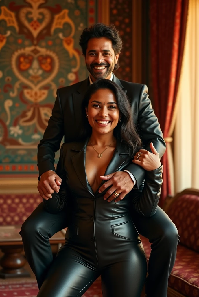 Create a realistic photograph of a smiling and beautiful indian woman in black leather suit carrying a obese man on her shoulder , in a exotic room, man is sitting on her shoulder, man on top, woman standing at bottom