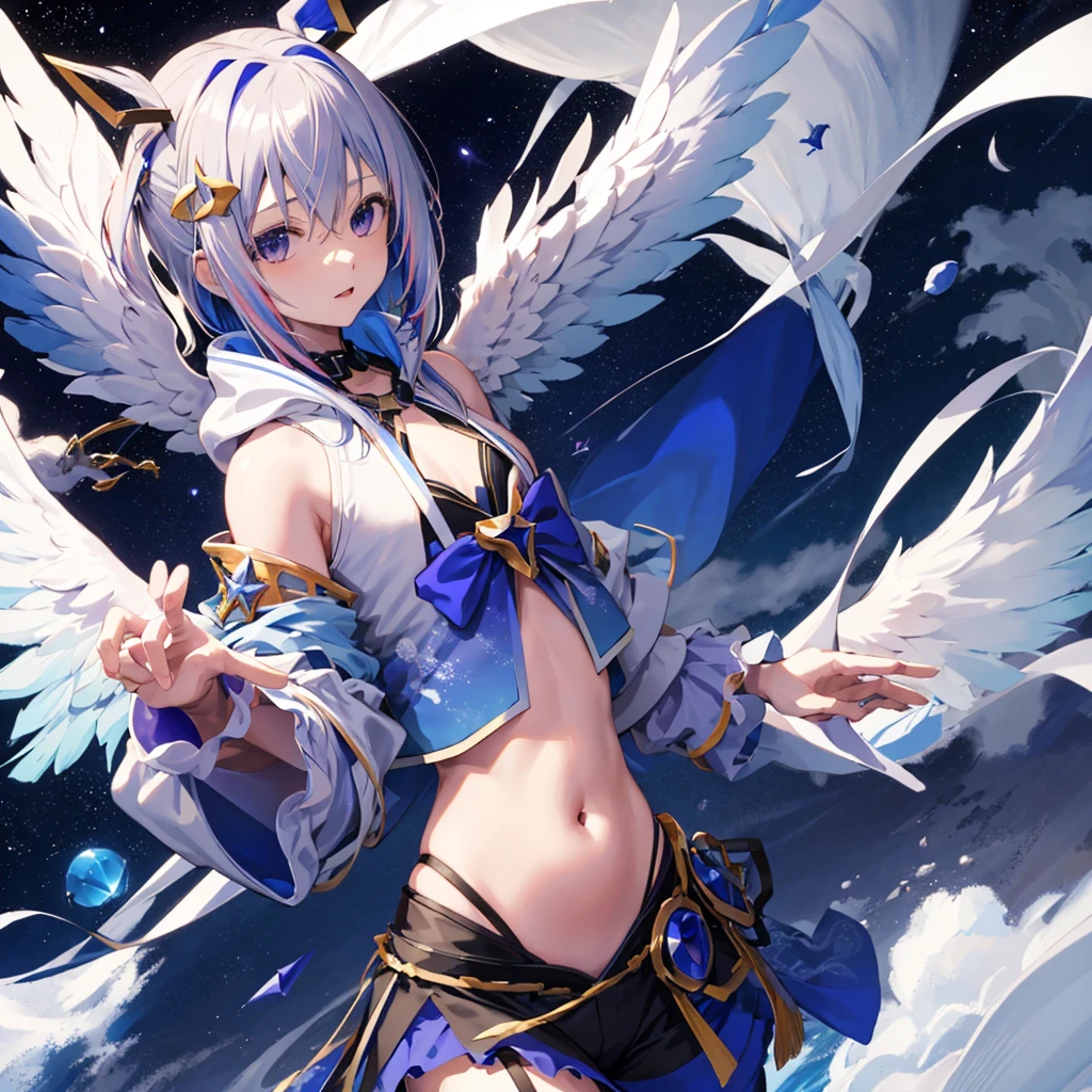 Amane Kanata,Ho****ve,Cool pose,Night Sky,(No sleeve,Belly button,White Wings),sea of clouds,A flying dragon in the background,Wearing a black hoodie