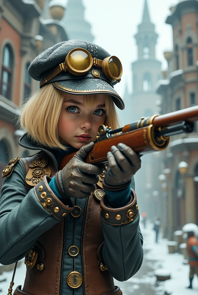 Very detailed, Master_piece, superior_quality, 1_beautiful_, 16 years_old, shoot_sniper rifle, blonde_Bob_cut_hair, 前hair, very_beautiful_face, very_beautiful_big_eye, flat_eye, (Highly decorative and complex mechanical steampunk fashion、Barracks_cap, Goggles 1.5, Remains, snow, An elaborately mechanized steampunk cityscape 1.5)