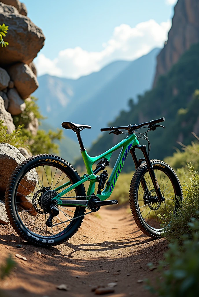 Create a downhill bike that looks like real life in the background.