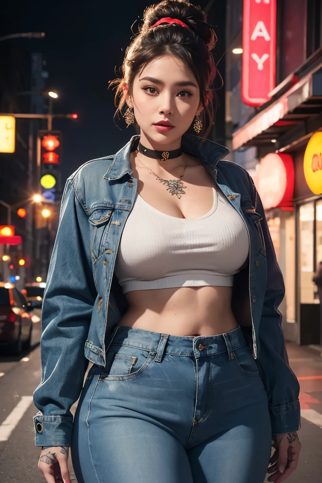 a beautiful woman, plump curvy body, updo hairstyle, body tattoes, urban warrior costume, headband, choker, necklace, denim jacket, gloves, red scratch, perfect abs, trousers, neon city, highly detailed, intricate details, cinematic lighting, vibrant colors, photorealistic, 8k, award winning, digital art, concept art, illustration