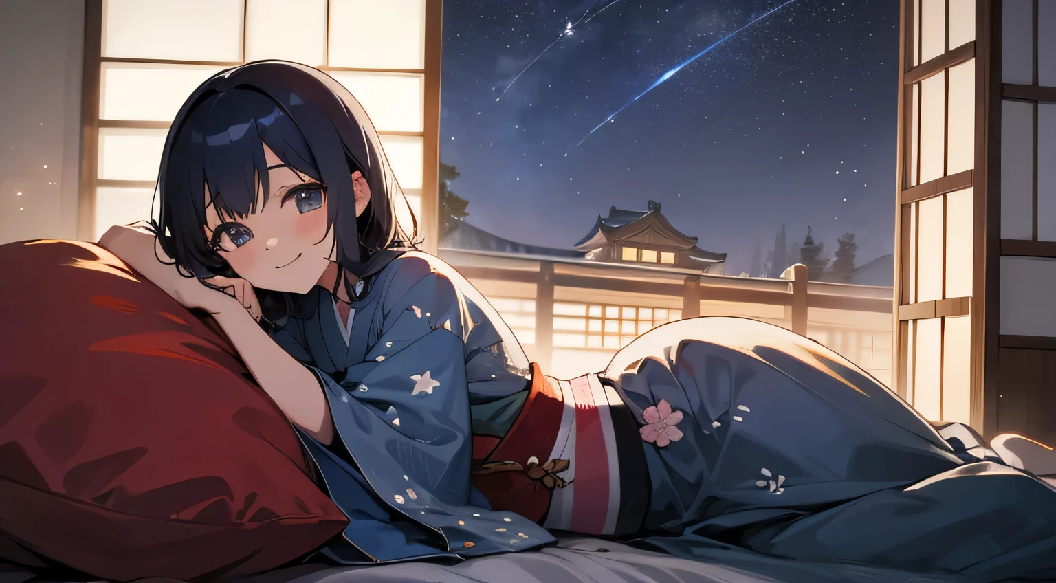 night sky,stars,window,relax,room,smile,kimono,japanese girl