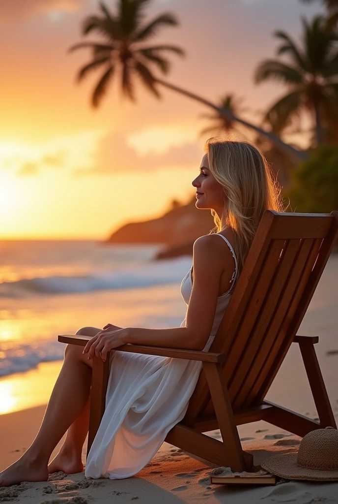 Imagine a woman sitting on a wooden deck chair by the beach during sunset. She has long, flowing blonde hair and is wearing a light, flowing white sundress. The golden light of the setting sun reflects off the ocean, casting a warm glow over her relaxed face as she gazes out at the horizon. The waves gently lap at the shore, and a light breeze tousles her hair. A straw hat and a book lie beside her on the sand, partially buried. In the background, palm trees sway gently, and the sky is a mix of deep oranges, pinks, and purples.