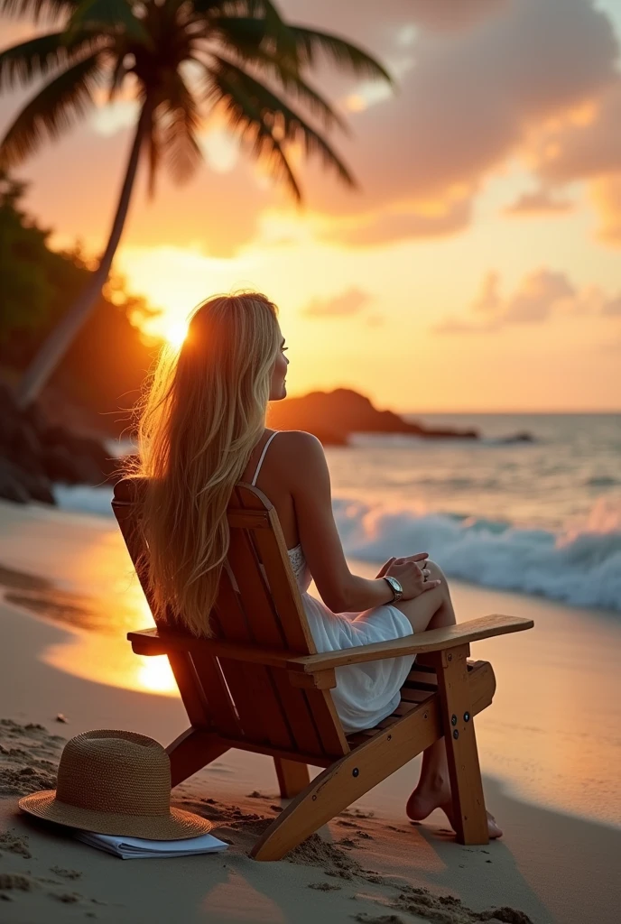 Imagine a woman sitting on a wooden deck chair by the beach during sunset. She has long, flowing blonde hair and is wearing a light, flowing white sundress. The golden light of the setting sun reflects off the ocean, casting a warm glow over her relaxed face as she gazes out at the horizon. The waves gently lap at the shore, and a light breeze tousles her hair. A straw hat and a book lie beside her on the sand, partially buried. In the background, palm trees sway gently, and the sky is a mix of deep oranges, pinks, and purples.