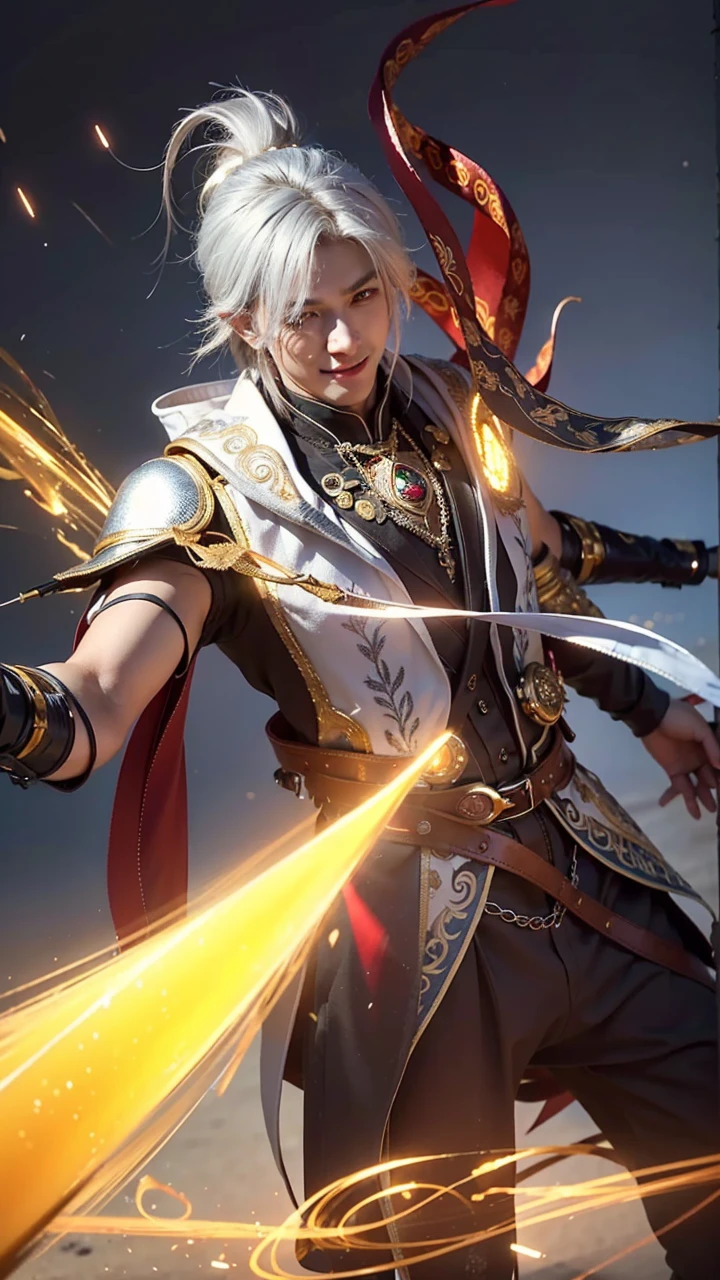 masculine male, masterpiece, ((perfect eyes)) best quality, (semirealism:1.9), beautiful lighting, (extremely detailed CG unity 4k fhd wallpaper), High Detail, Sharp focus, dramatic outdoors, 1 boy ,19 years old, white hair, light purpel eyes, smile.