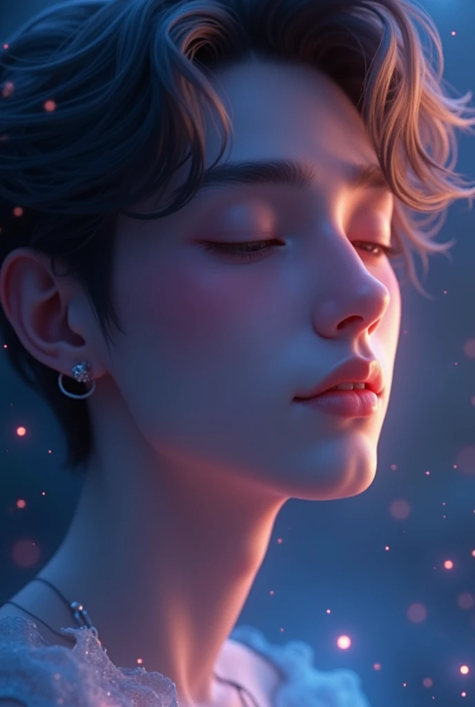 An amazing 3D fantasy illustration with a close-up of a person's face. The man's eyes are slightly open, his expression is peaceful and serene. The background is dimly lit, gradually shifting from mystical soft, unearthly glow that softly illuminates his face.