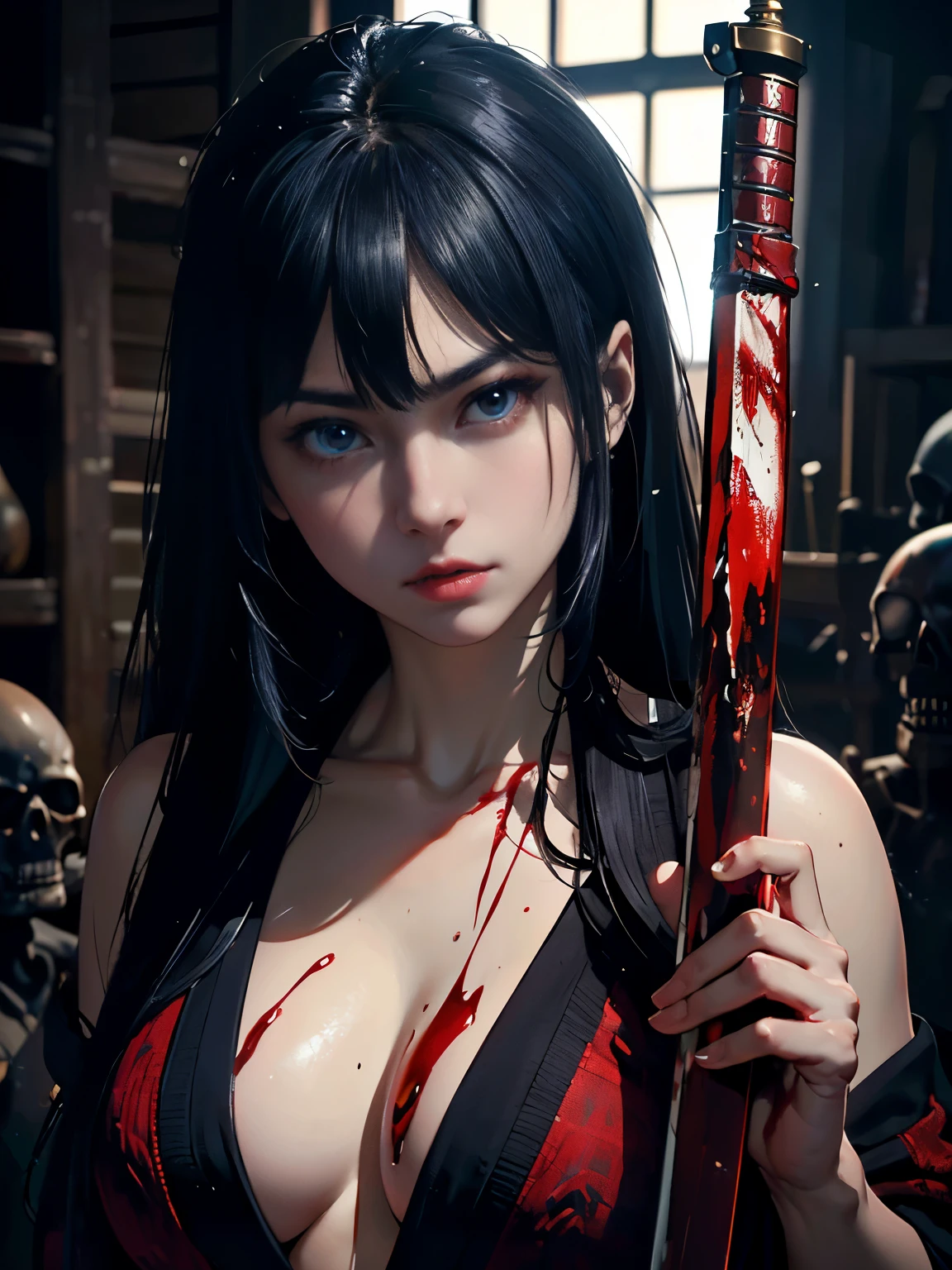 (8k, High resolution,super high quality, ultra high definition, ultrarealistic, of the highest quality, masterpiece:1.2),military girl, black hair and blue eyes, animated style, with blood, a cursed samurai sword, with an expression of hate, surrounded by corpses.