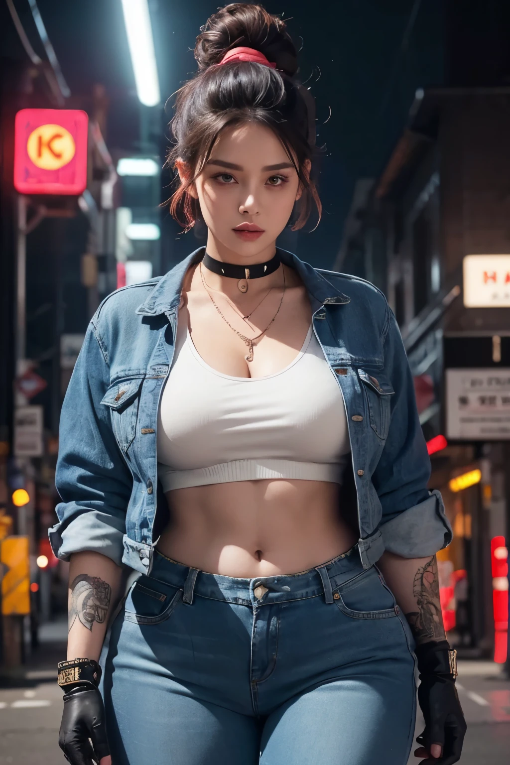 a beautiful woman, plump curvy body, updo hairstyle, body tattoes, urban warrior costume, headband, choker, necklace, denim jacket, gloves, red scratch, perfect abs, trousers, neon city, highly detailed, intricate details, cinematic lighting, vibrant colors, photorealistic, 8k, award winning, digital art, concept art, illustration