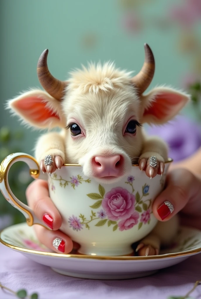 ((masterpiece,best quality,)),close up,side,A cute little cow placed in a teacup,A sexy hand holding a teacup