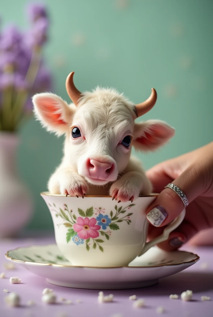 ((masterpiece,best quality,)),close up,side,A cute little cow placed in a teacup,A sexy hand holding a teacup