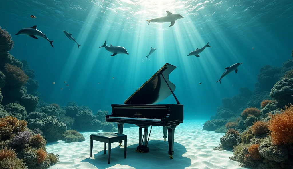 Two dolphins swim out from the depths, a sunken ship is visible. Colorful coral reef "A stunning underwater scene featuring a black grand piano resting on a sandy seabed. Several dolphins swim gracefully around the piano. Sunbeams filter into the clear water from the top right of the screen, creating beautiful patterns on the sand and piano. The overall atmosphere is tranquil and mesmerizing, with the piano standing out against the vibrant blue tones of the ocean. The dolphins are playful and inquisitive, enlivening the serene underwater environment. The image is realistic, capturing fine details of the piano, dolphins, and underwater light effects." A pair of clownfish swim gracefully around colorful coral. Change the composition to a top-down view