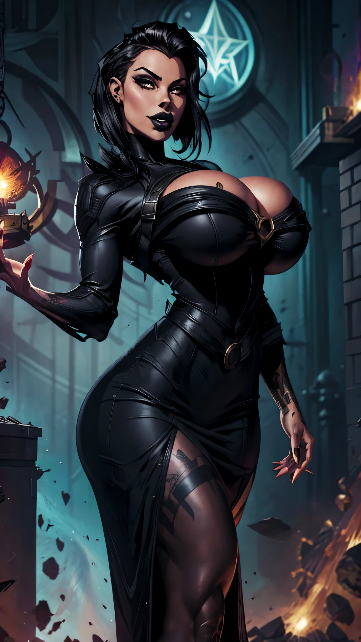 White rocker girl, Bblack hair, elegant black dress. super sexy, piercings and tattoos on her body. big-ass, most beautiful woman in the world. darker. black lipstick. busty. comic style.Marvel comics style