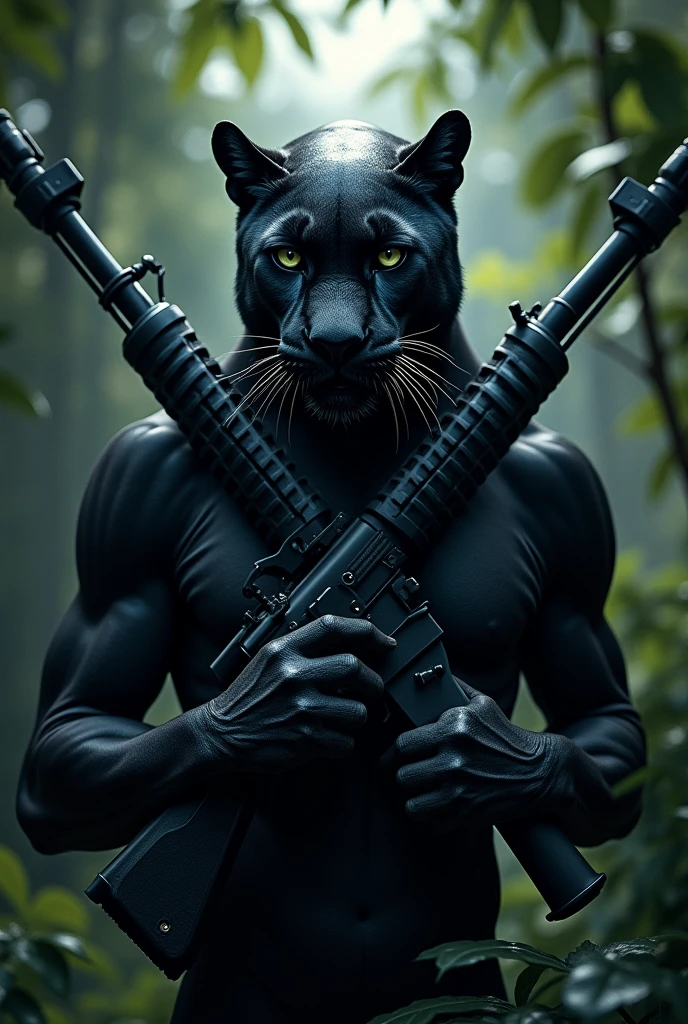 panther with helmet on head and two crossed machine guns in the background