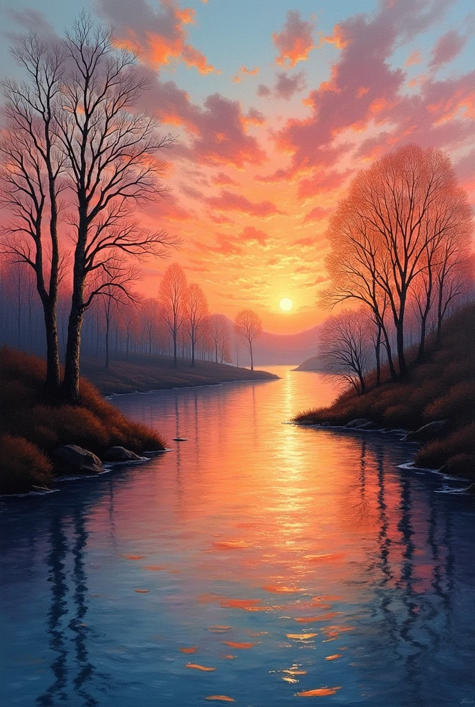 Make an impressionism art of a river with trees with no leaves and a sunset, make it classical
