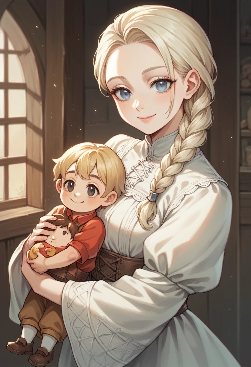 Platinum Blonde hair woman, beautiful, blonde eyelashes, gojo eyes, light blue eyes eyes, sexy body, perfect, adult woman, defined round ass, one big braid, villager woman, medieval villager, holding baby, detailed face, gentle smile