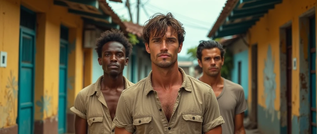 Man, beautiful, attractive face, hazel eyes, perfect jaw and chin, muscular, defined, attractive body , wearing a dirty, torn shirt , rebellious brown hair, sun-burnt , in the Brazilian favela , with houses from Brazil , with your friend with the same appearance, different face, from beside