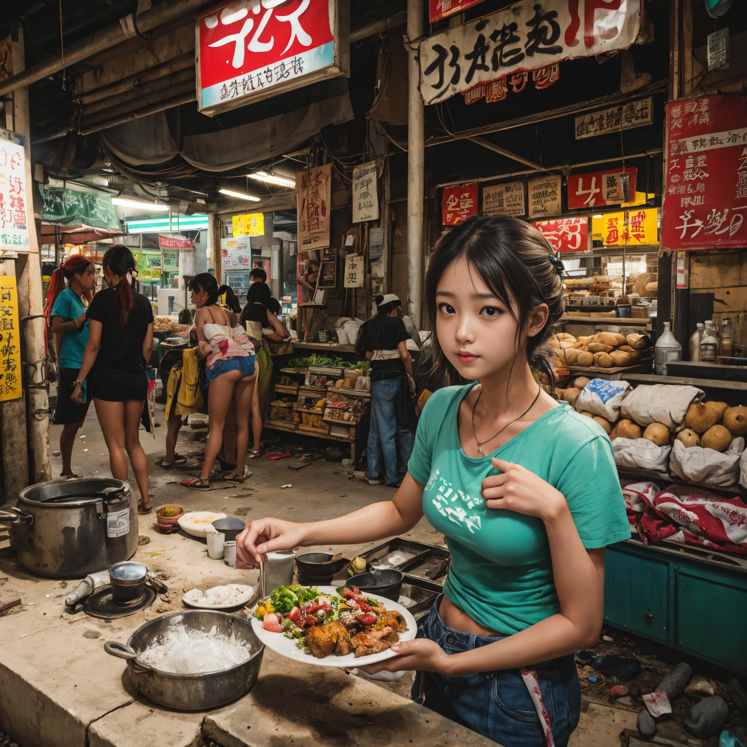 ((masterpiece、Highest quality))、Beautiful girls gather.、Girl in summer clothes、(Detailed and cute face:1.3)、(Poor conditions、Dim and unsanitary、Crumbling underground shopping mall、Showa Retro、屋台のdiet店、Cooking、Serving alcohol and food)、stage、sewage、Dirty shop、street vendors、Unsanitary and abandoned city、smile、diet、Poor person々