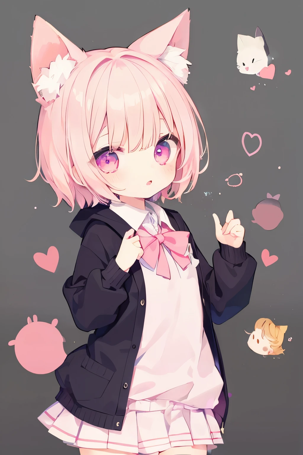 NSFW,Short, light pink hair、cardigan、Pink Skirt、Putting on a collar、、Big Mouth、Very beautiful and Shining Eyes、Shining Eyes、1 person、Cat ear、(((((Small body)))))、heart❤、((vapor)）