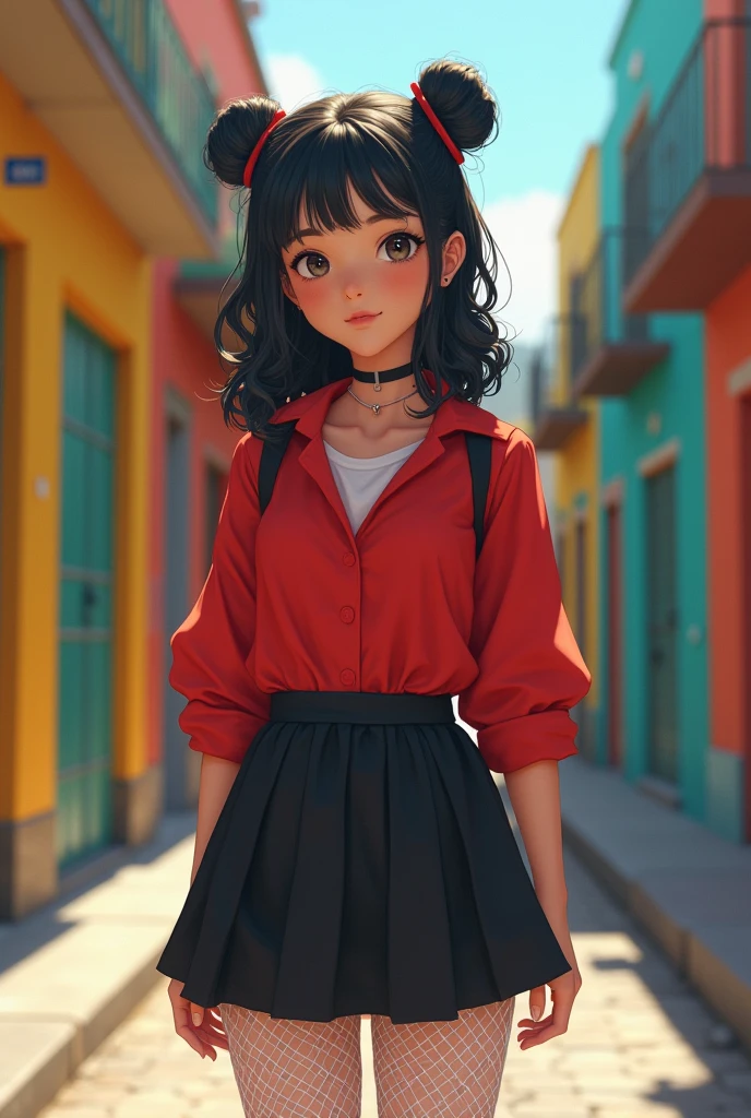An 18-year-old Brazilian girl from Rio, small, with a fragile and extremely attractive appearance of light brown skin, medium wavy black hair, black eyes and delicate curves. 1,66cm and 60kg, hourglass body, some scars from old cuts on the wrists and a mole below the right eye. Wearing black and red colored clothes, short black schoolgirl skirt, white fishnet tights, red All Star style sneakers and red blouse and the character Sailor Moon&#39;s hairstyle of double odango buns. A realistic style image.