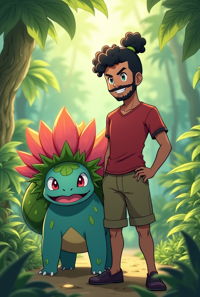draw a Latin Pokemon trainer with a bun and curly hair, scraped on the side, with beard and mustache, next to the pokemon venusaur