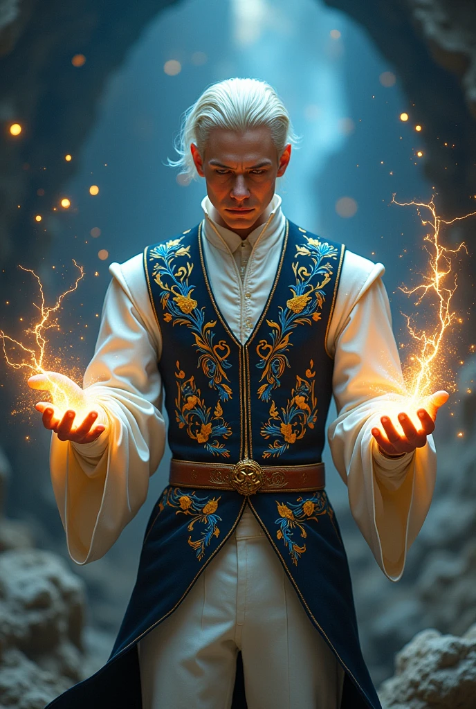 Make a man with white hair slicked back , wearing white clothing and a black vest with blue and yellow in a medieval style , White skin color, that they have cosmic powers , that he has the hands of energy